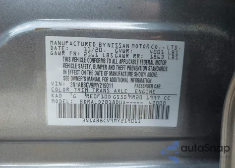2021 Nissan Sentra Sv Xtronic Cvt z USA, uszkodzony, nr VIN 3N1AB8CV9MY219011